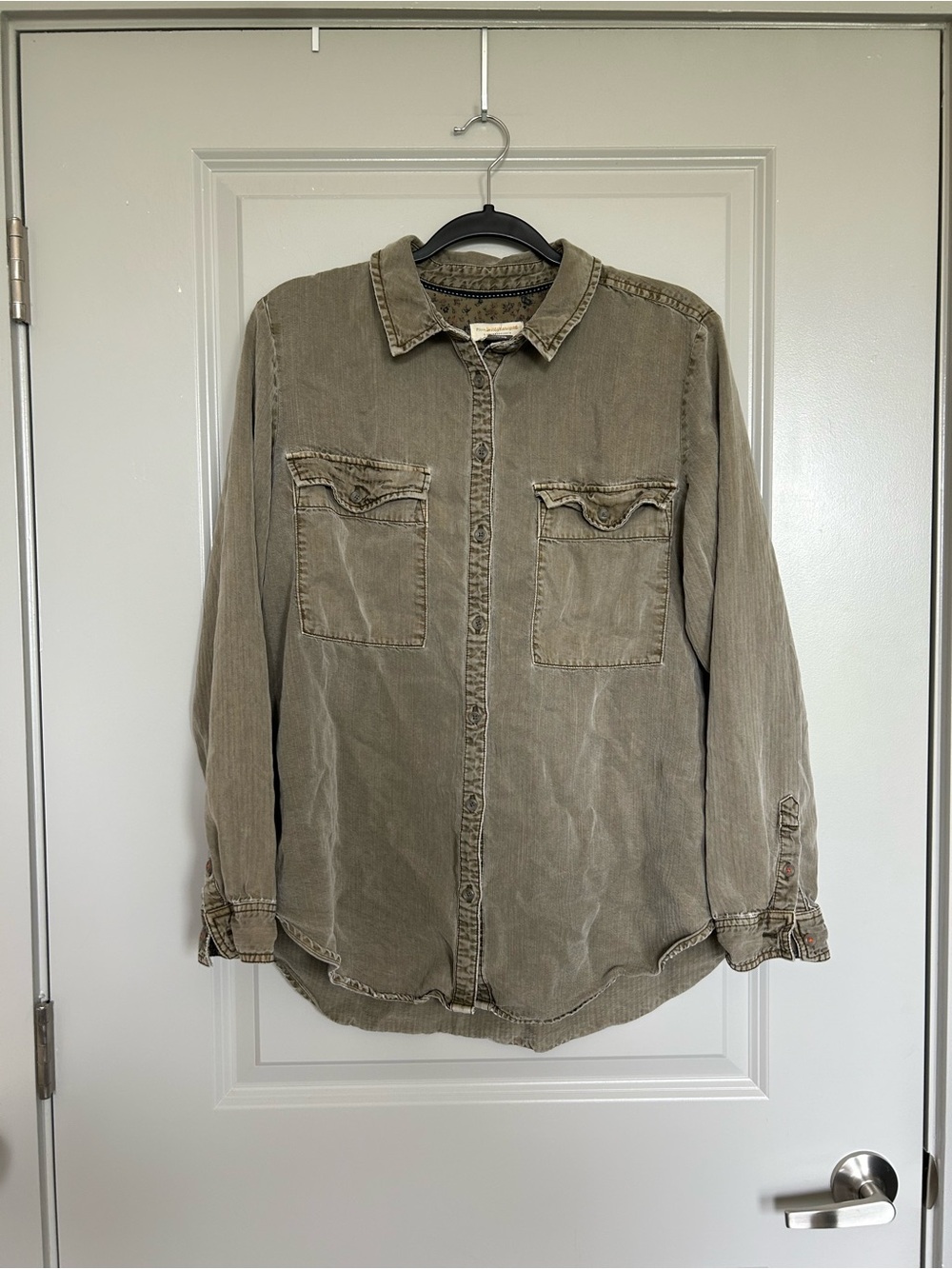 Anthropologie Pilcro Olive-Green Herringbone Button Shirt Jacket